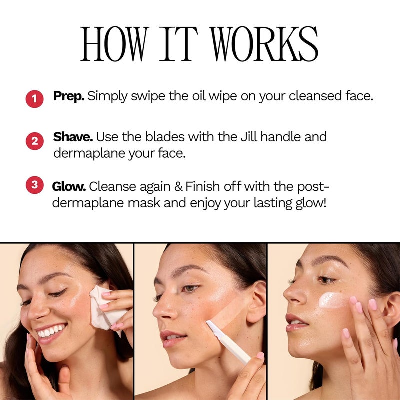 Jill Dermaplane Starter Kit for Women in Cream – Facial Razor & Exfoliating Blade Set with Pre-Shave Magic Wipe, Gentle Skin Cleanser, Glow Moisturizer & 2 Disposable Dermaplane Blades - Image 3